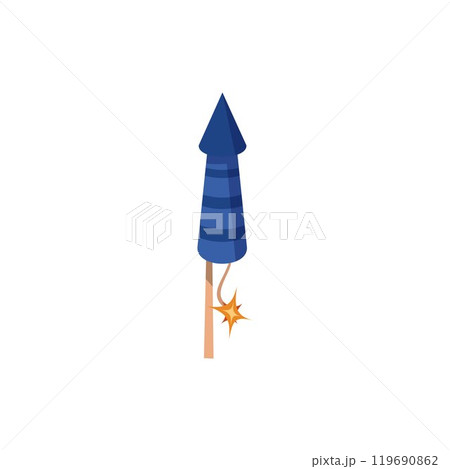 Firework rocket blue petard with a lit fuse, vector cartoon firecracker launch, festival firework pyrotechnic tool Firework rocket blue petard with a lit fuse, vector cartoon firecracker launch, festival firework pyrotechnic tool 119690862