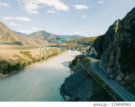 Picturesque mountain valley, river Katun, Altai. Summer travel. 119690962