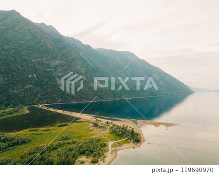 Aerial view of Teletskoye lake in the Altai Mountains in summer. Aerial view of Teletskoye lake in the Altai Mountains in summer. 119690970