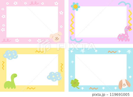 Cute pastel frame set with dinosaur, puppy, clover leaf, flowers for cartoon background, wallpaper, backdrop, polaroid frame, photo card, banner, rectangle ad template, print, animal, zoo, pet shop	 119691005
