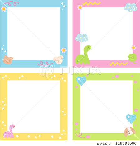 Cute pastel frame set with dinosaur, puppy, cat for cartoon background, wallpaper, backdrop, polaroid frame, photo card, banner, square ad template, print, animal, pet, memo, sticky note, book cover	 119691006