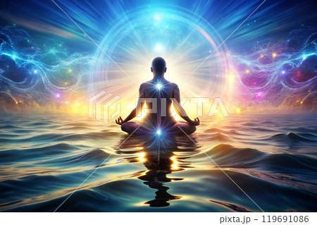 A serene figure meditating or floating in a peaceful space 119691086