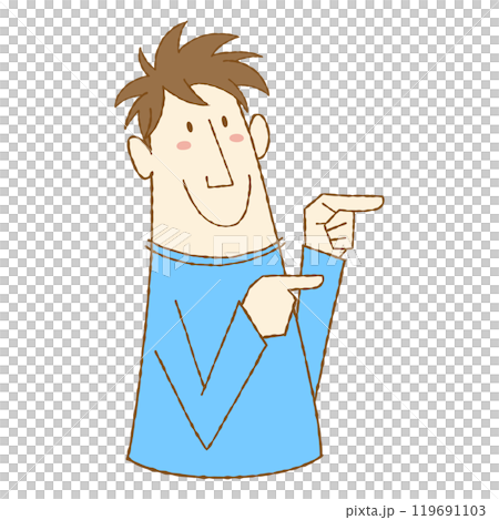 両手で指さしポーズをする若い男性キャラクター 119691103