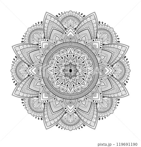 Detailed mandala with plant elements, coloring book for adults, linear drawing for printing. Vector illustration isolated on white background. Detailed mandala with plant elements, coloring book for adults, linear drawing for printing. Vector illustration isolated on white background. 119691190