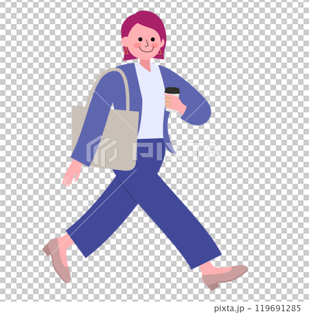 身穿褲裝、腳踩高跟鞋、肩上挎包、手裡拿著一杯咖啡走路的女士的全身插畫。 119691285