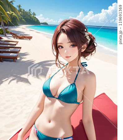 南国ビーチの若い水着女性のイラスト素材 [119691369] - PIXTA