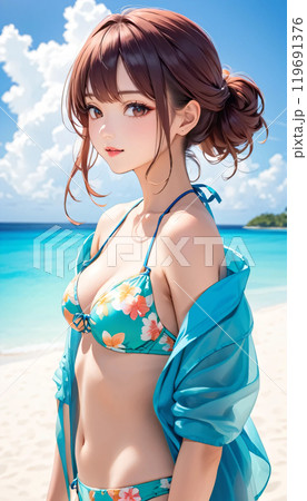 南国ビーチの若い水着女性のイラスト素材 [119691376] - PIXTA