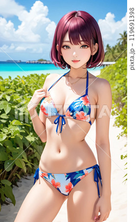 南国ビーチの若い水着女性 119691398