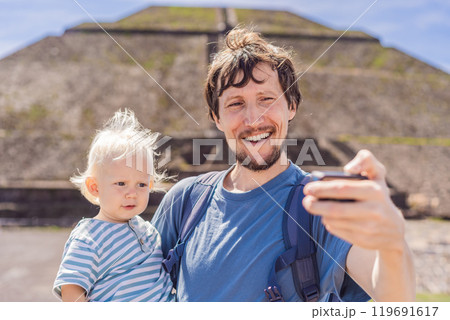 Father and son tourists exploring Teotihuacan, Mexico. Cultural heritage, ancient ruins, and archaeological adventure concept 119691617