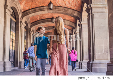 Mother and teenage son tourists in the central square of Mexico City, Zocalo. Family travel, cultural exploration, and historic architecture concept 119691670