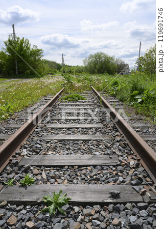 An old abandoned railway with rusty rails and wooden sleepers overgrown with dandelions in summer An old abandoned railway with rusty rails and wooden sleepers overgrown with dandelions in summer 119691746