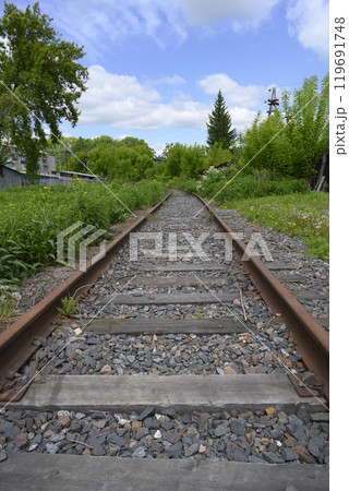 An old abandoned railway with rusty rails and wooden sleepers overgrown with wild flowers in summer An old abandoned railway with rusty rails and wooden sleepers overgrown with wild flowers in summer 119691748