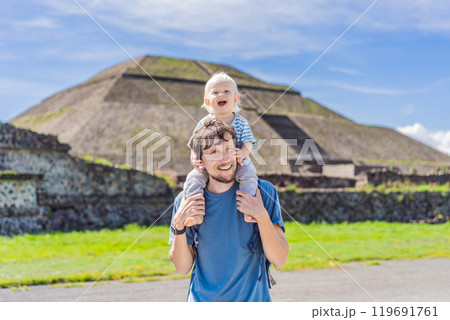 Father and son tourists exploring Teotihuacan, Mexico. Cultural heritage, ancient ruins, and archaeological adventure concept 119691761