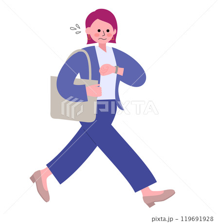 パンツスーツを着てパンプスを履いた女性が腕時計を見て焦った顔をして歩く全身のイラスト 119691928