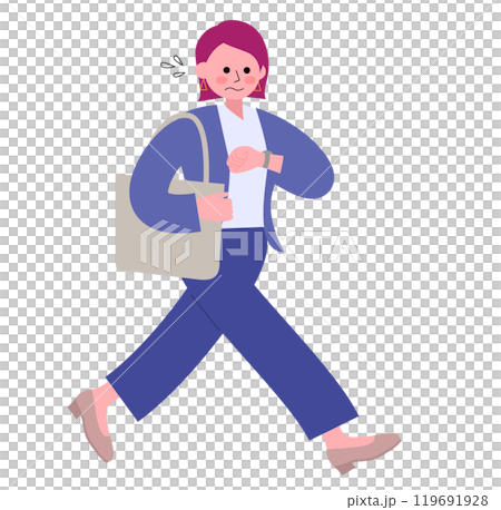 パンツスーツを着てパンプスを履いた女性が腕時計を見て焦った顔をして歩く全身のイラスト 119691928