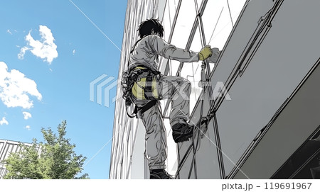 ビルの外壁作業中の男性