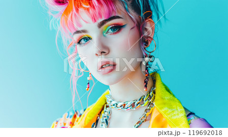 Vibrant portrait of a stylish young woman with colorful makeup and accessories 119692018