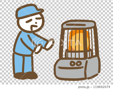 一個穿著工作服的男人用爐子取暖 一個穿著工作服的男人用爐子取暖 119692074