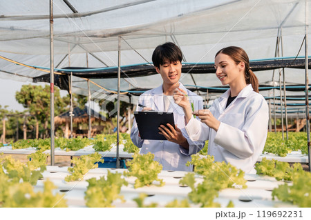 Researchers Analyzing Chemicals in a Vegetable Garden for Sustainable Agriculture and Crop Improvement 119692231