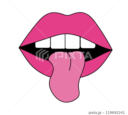 Lips with tongue in pop art style. Vector flat illustration. Lips with tongue in pop art style. Vector flat illustration. 119692241