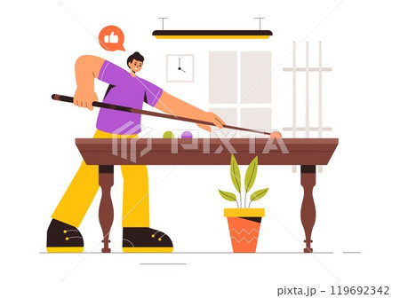 Billiards Game Vector Illustration featuring a Player in a Pool Room Holding a Cue Stick, with a Billiard Table and Balls in a Sports Club 119692342