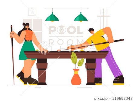 Billiards Game Vector Illustration featuring a Player in a Pool Room Holding a Cue Stick, with a Billiard Table and Balls in a Sports Club Billiards Game Vector Illustration featuring a Player in a Pool Room Holding a Cue Stick, with a Billiard Table and Balls in a Sports Club 119692348