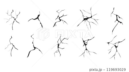 Cracked glass, wall, egg, fissures in ground top view. Set concrete, crevices from disaster, surface from earthquake, Ruined breaked land surface doodle, hand drawn 119693029