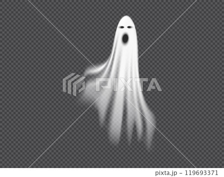 Flying white ghost with a scary face. 119693371