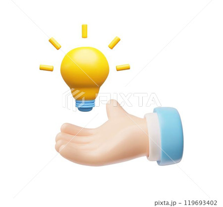 Vector 3d illustration of a human hand holding a yellow electric bulb. 119693402