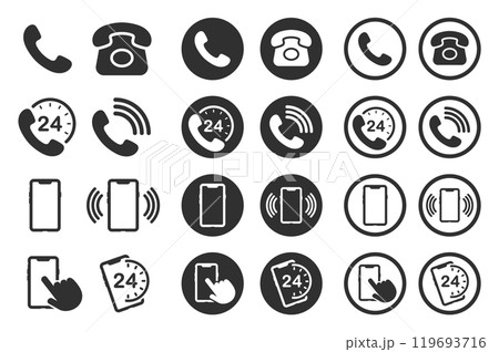 Phone contact connection icon symbol set. Smartphone, Old phone logo sign shape collection. 24 7 hour service. Vector illustration image. Isolated on white background. Phone contact connection icon symbol set. Smartphone, Old phone logo sign shape collection. 24 7 hour service. Vector illustration image. Isolated on white background. 119693716