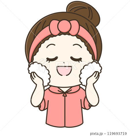 泡で洗顔している女性のゆるかわイラスト 上半身 ピンク 泡で洗顔している女性のゆるかわイラスト 上半身 ピンク 119693719