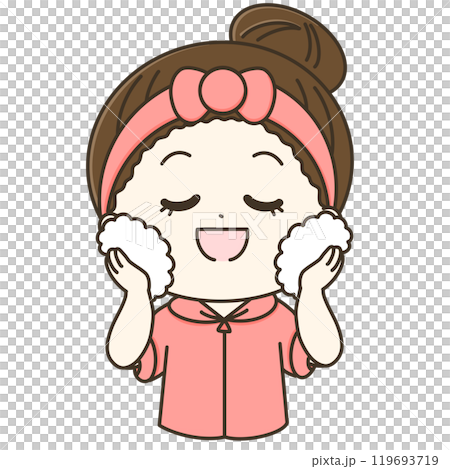 泡で洗顔している女性のゆるかわイラスト 上半身 ピンク 泡で洗顔している女性のゆるかわイラスト 上半身 ピンク 119693719