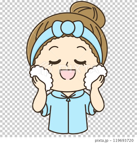 泡で洗顔している女性のゆるかわイラスト 上半身 ブルー 泡で洗顔している女性のゆるかわイラスト 上半身 ブルー 119693720