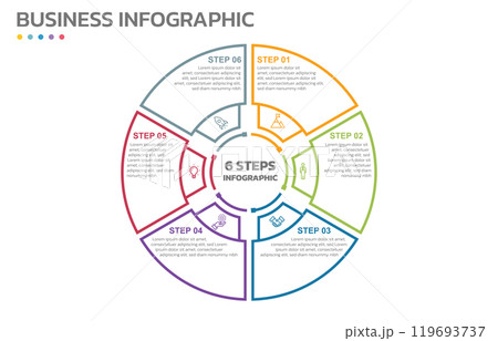 Visual data presentation. Cycle diagram with 6 options. Pie Chart Circle thin line infographic template with 6 steps, options, parts, segments. Business concept. Marketing infographic vector 119693737