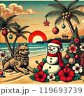 沖縄のビーチとシーサーとハイビスカスと雪だるまのクリスマス 浮世絵風 119693739