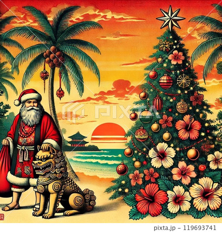 沖縄のビーチとシーサーとクリスマス 浮世絵風のイラスト素材