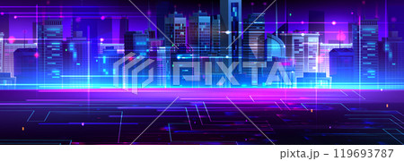 Cyberpunk skyline with neon glowing lines 119693787