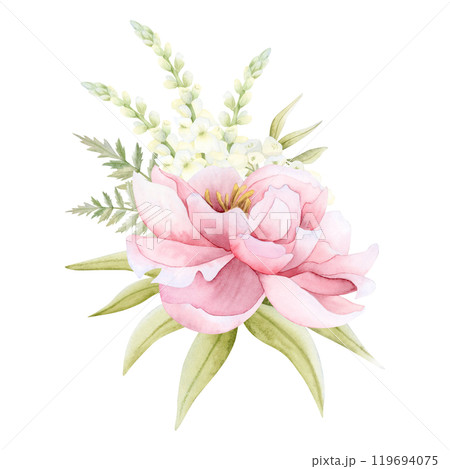 Peony blossom with white Matthiola flowers and fern leaves watercolor isolated illustration. Delicate pink garden rose composition for spring wedding design. Pastel floral clipart Peony blossom with white Matthiola flowers and fern leaves watercolor isolated illustration. Delicate pink garden rose composition for spring wedding design. Pastel floral clipart 119694075