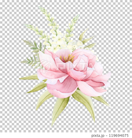 Peony blossom with white Matthiola flowers and fern leaves watercolor isolated illustration. Delicate pink garden rose composition for spring wedding design. Pastel floral clipart Peony blossom with white Matthiola flowers and fern leaves watercolor isolated illustration. Delicate pink garden rose composition for spring wedding design. Pastel floral clipart 119694075