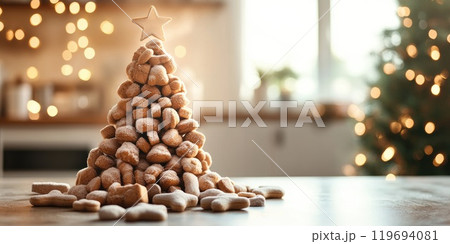 Christmas tree display with pet treats in cozy store setting 119694081