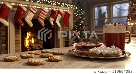 Holiday kitchen scene with cookies, hot chocolate, and christmas decorations 119694082
