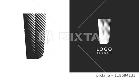 V vector letter. Sharp contrast monogram strike diagonal hatching for industrial yet modern look. High bold logo template. Logotype concept design for brand in tech, architecture, fashion 119694133