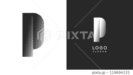 P vector letter. Sharp contrast monogram strike diagonal hatching for industrial yet modern look. High bold logo template. Logotype concept design for brand in tech, architecture, fashion 119694135