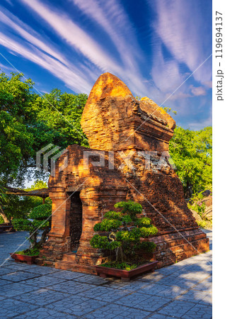 ancient Po Nagar Cham Towers in Nha Trang in Vietnam in summer. Historical ruins of ancient civilization in Asia 119694137