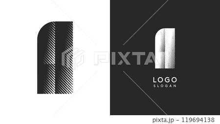 A vector letter. Sharp contrast monogram strike diagonal hatching for industrial yet modern look. High bold logo template. Logotype concept design for brand in tech, architecture, fashion 119694138