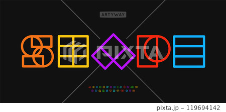 Geometric shapes alphabet, outlined contour letters, minimalist outlines primitives shapes for tech branding, architectural logo design, modern art creative posters. Vector typeset 119694142