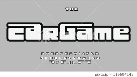 Retro gaming alphabet, bold chunky letters, vintage arcade style font for impactful logo, arcade typographic design, playful 16-bit style branding. Vector typeset. 119694145