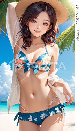 南国ビーチの若い水着女性のイラスト素材 [119694166] - PIXTA