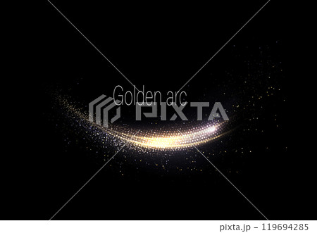 Shiny gold ribbon with small tinsel on black background, design component 119694285