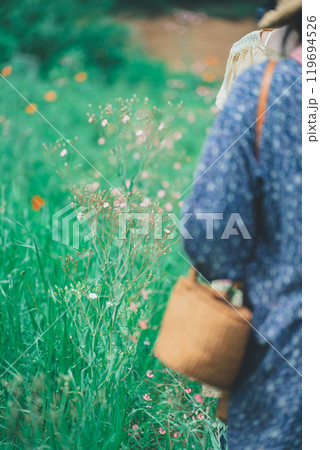 花農園で花摘み体験をする女性 花農園で花摘み体験をする女性 119694526